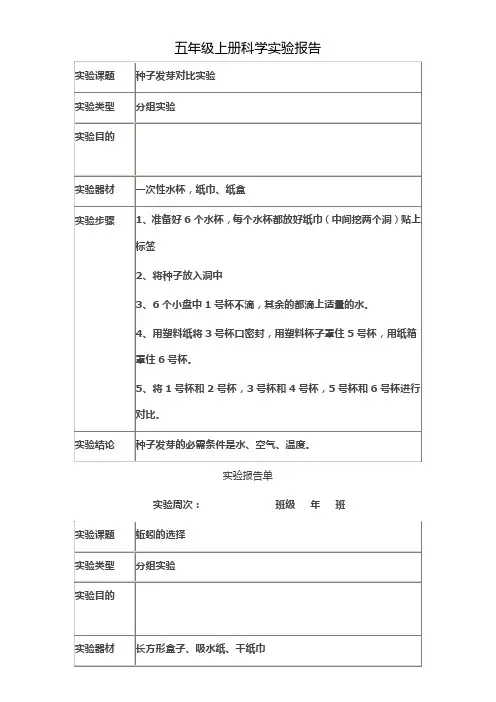五年级上册教科版科学实验报告
