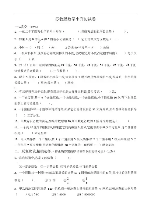 -2020年苏教版小升初数学试卷(含答案)