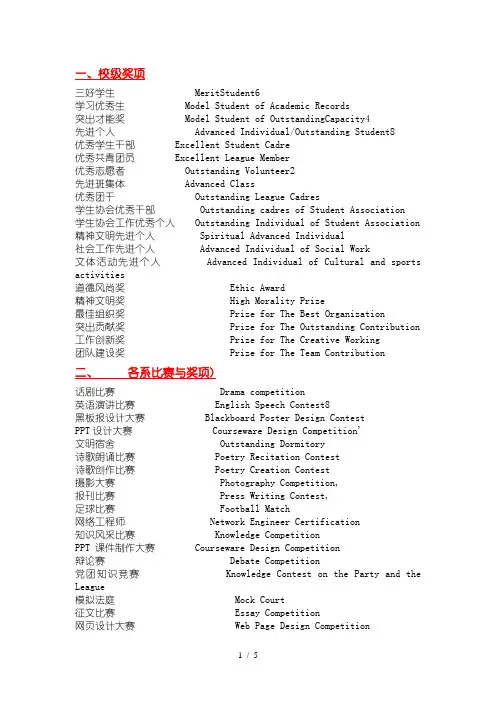 所有获奖英文名称大全