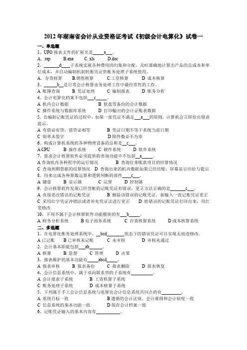 2012年湖南省会计从业资格证无纸化考试《初级会计电算化》第一套试题