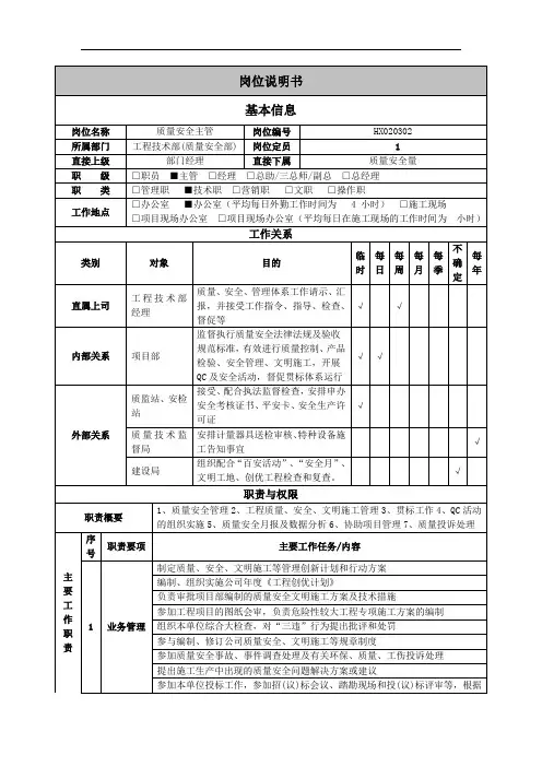 工程技术部质量安全主管岗位说明书