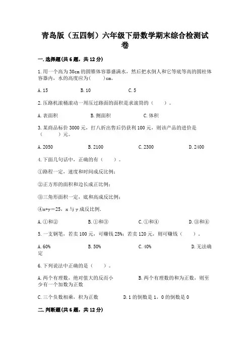 青岛版(五四制)六年级下册数学期末综合检测试卷加答案(全优)