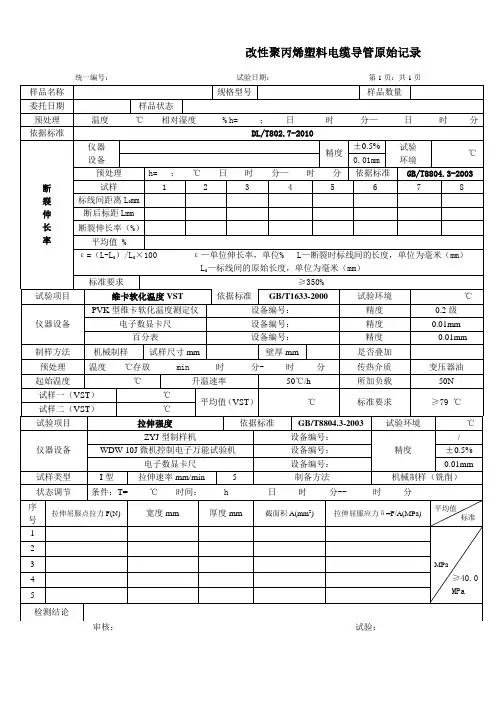 改性聚丙烯塑料电缆导管原始记录