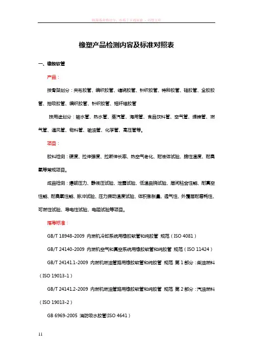 橡塑产品检测内容及标准对照表