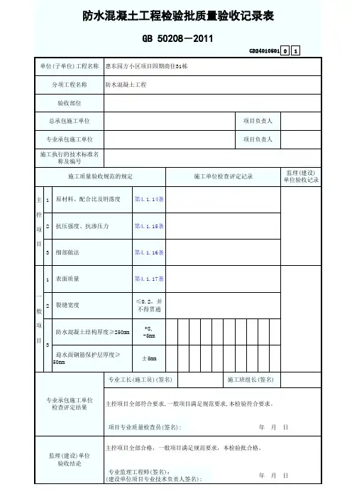 防水混凝土工程检验批质量验收记录表