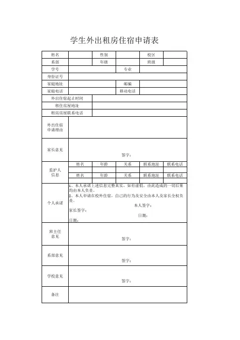 学生外出租房住宿申请表