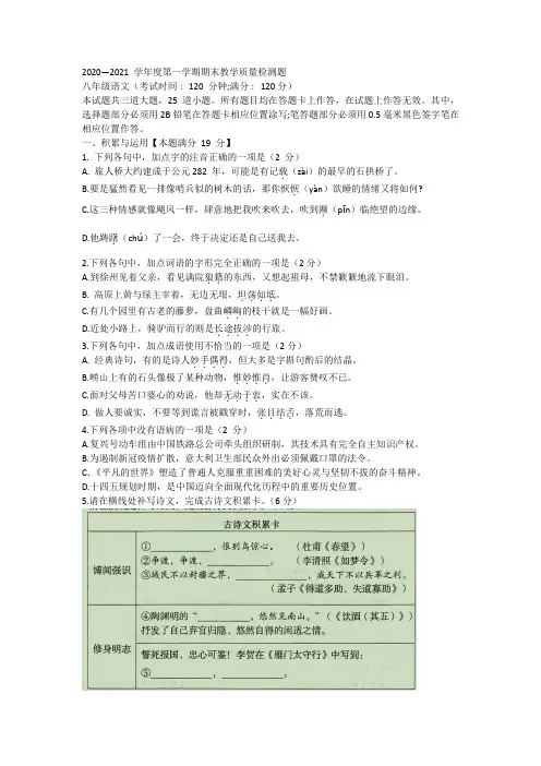 山东省青岛市黄岛区2020-2021学年八年级上学期期末考试语文试题