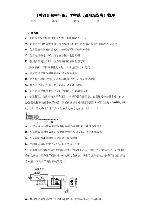 初中初中毕业升学考试(四川雅安卷)物理(答案解析)