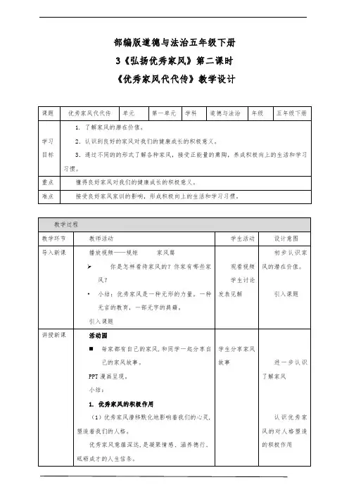 最新部编版小学五年级下册道德与法治  3 弘扬优秀家风 第二课时 优秀家风代代传 精品教案