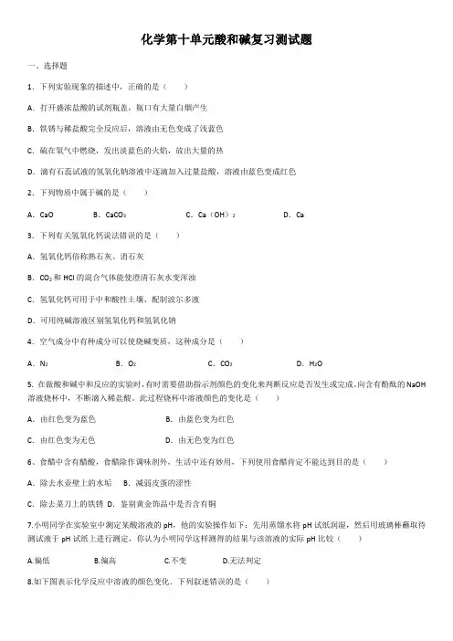 2020年人教版九年级化学下册 第十单元酸和碱复习测试试题(含答案)