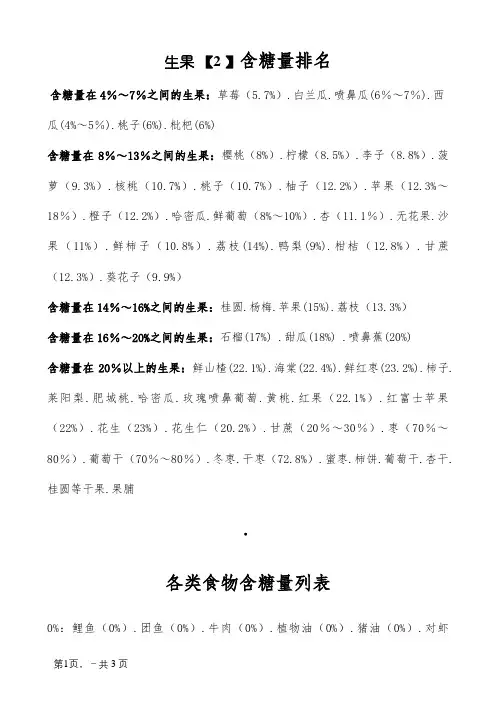 各类食物含糖量排行