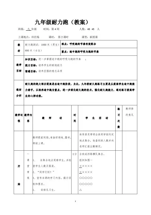 第4周第4课时1000米、800米测试 教案-九年级体育与健康