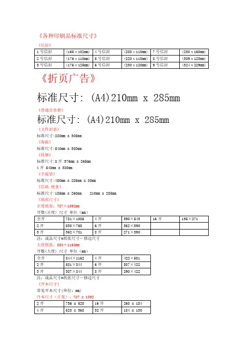 各类印刷尺寸