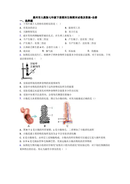 惠州市人教版七年级下册期末生物期末试卷及答案-全册