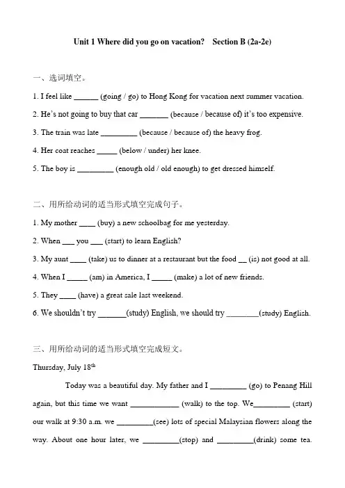 人教新目标八年级英语上册  Unit 1 Where did you go on vacation？ Section B (2a-2e) 同步练习题 含答案