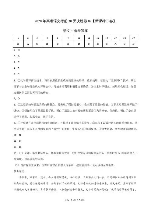 2020年高考语文考前30天决胜卷02(新课标Ⅱ卷)(参考答案)