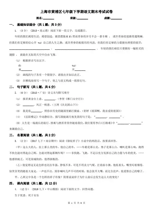 上海市黄浦区七年级下学期语文期末考试试卷 (2)