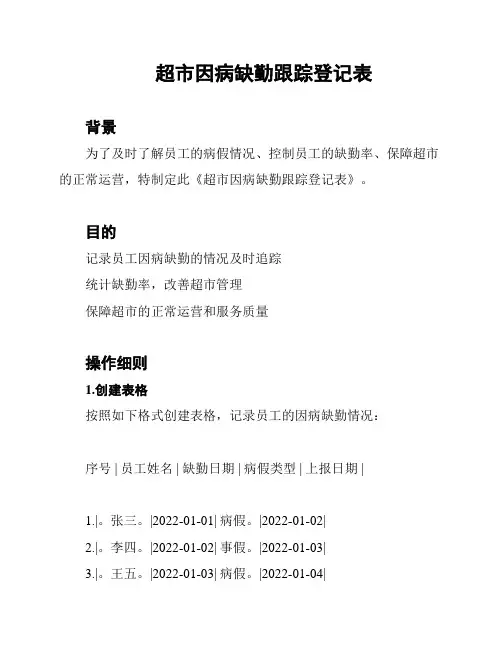 超市因病缺勤跟踪登记表