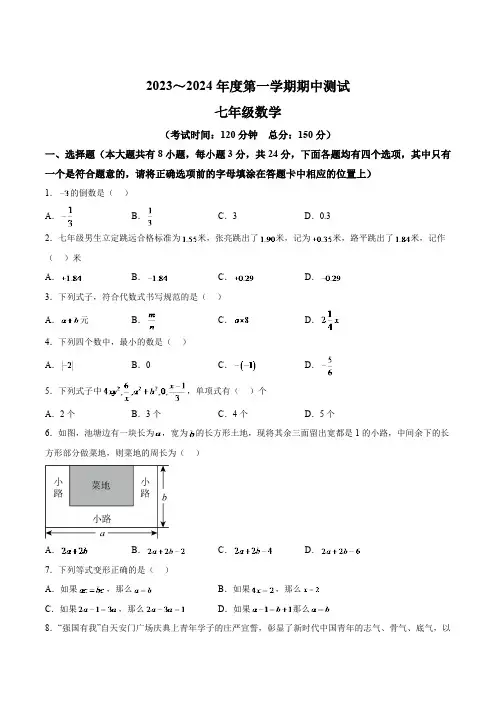 江苏省扬州市仪征市2023-2024学年七年级上学期期中测试数学试卷(含解析)