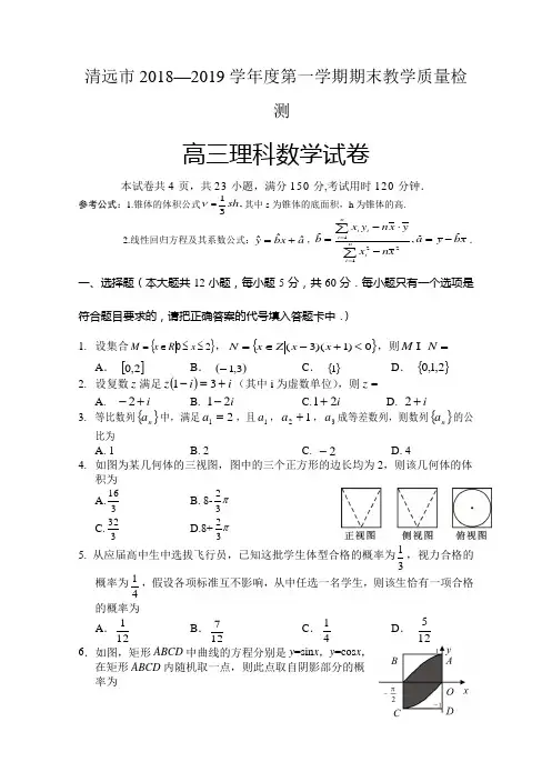 广东省清远市2018—2019学年度第一学期期末高三教学质量检测理科数学