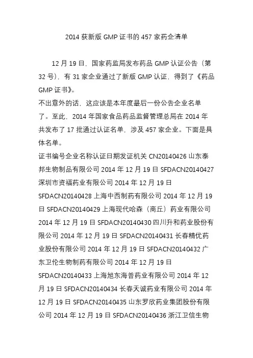 2014获新版GMP证书的457家药企清单