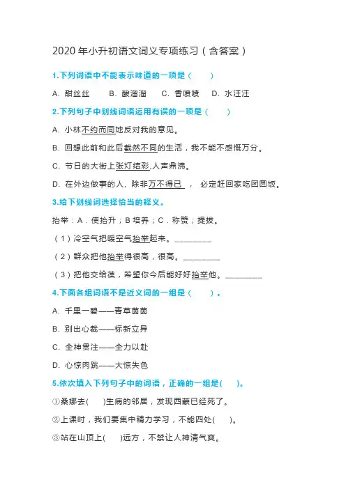2020年小升初语文词义专项练习(含答案)