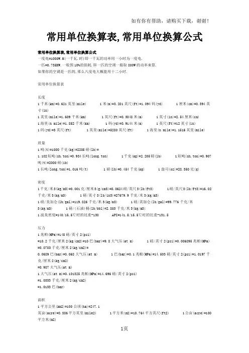常用单位换算表