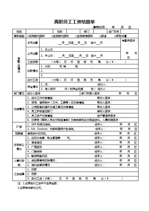 离职员工工资结算单word模板