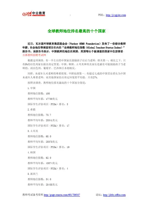全球教师地位排名最高的十个国家