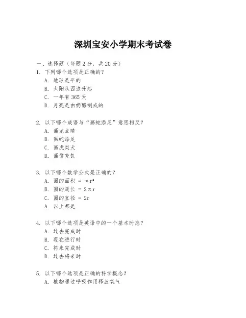 深圳宝安小学期末考试卷