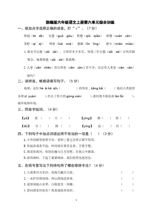 部编版六年级语文上册第六单元综合训练(附参考答案)