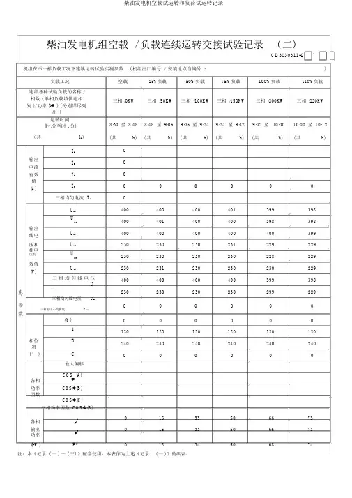 柴油发电机空载试运行和负荷试运行记录
