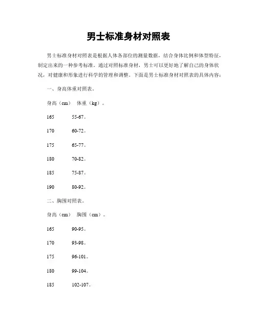 男士标准身材对照表