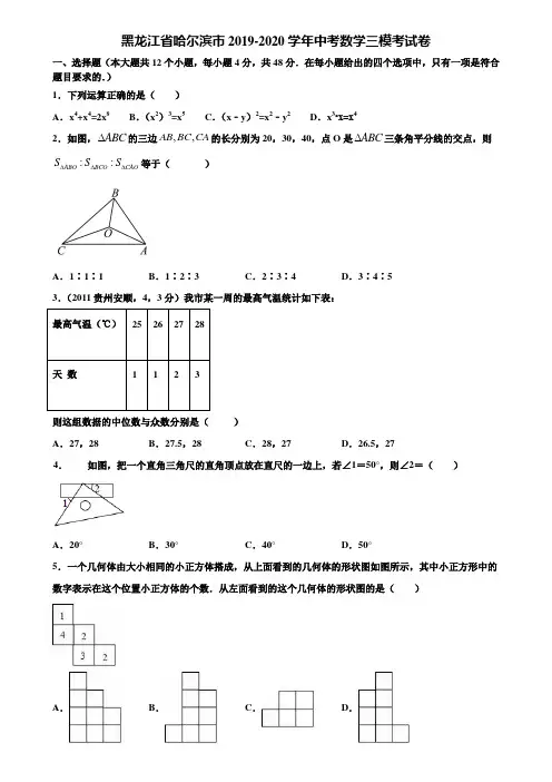 黑龙江省哈尔滨市2019-2020学年中考数学三模考试卷含解析