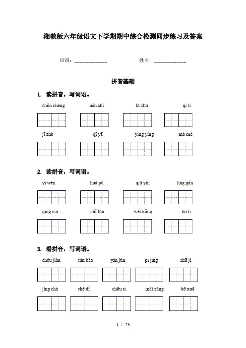 湘教版六年级语文下学期期中综合检测同步练习及答案