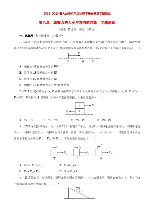 人教版八年级物理下册专题测试：第8章 摩擦力的大小与方向的判断(专题测试卷)(原卷版)
