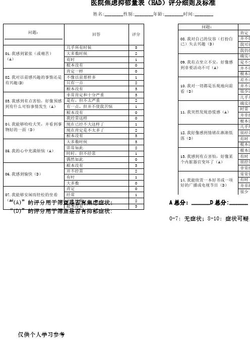 筛选量表：医院焦虑抑郁(HAD)评分表