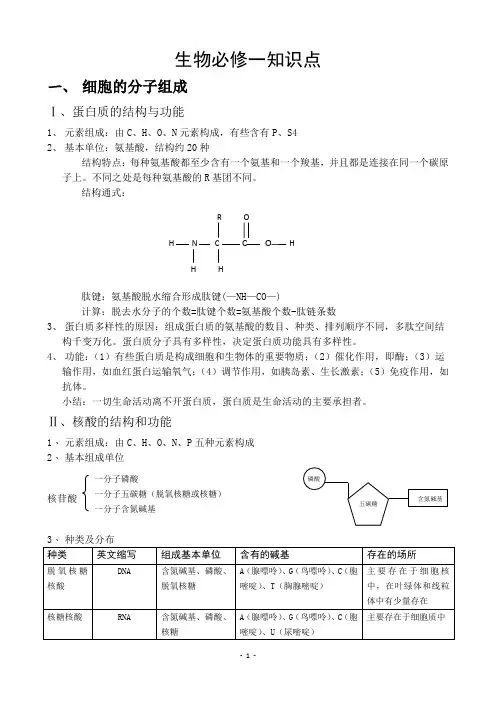 人教版高中生物必修一知识点总结