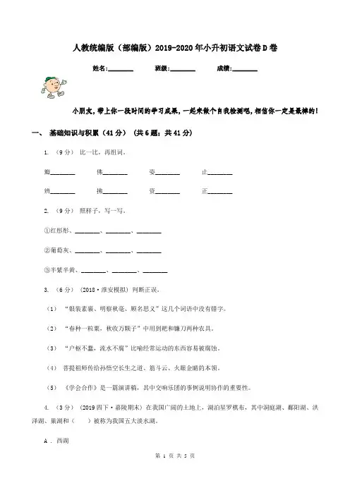 人教统编版(部编版)2019-2020年小升初语文试卷D卷
