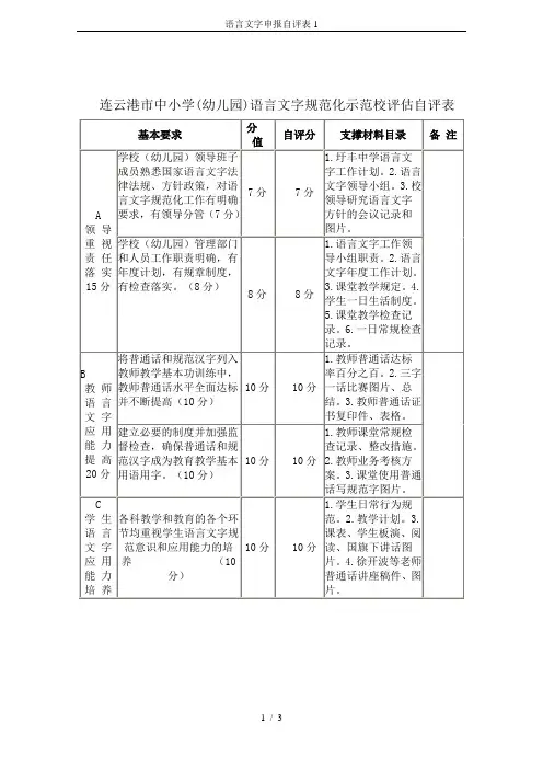 语言文字申报自评表1