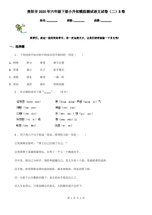贵阳市2020年六年级下册小升初模拟测试语文试卷(二)B卷