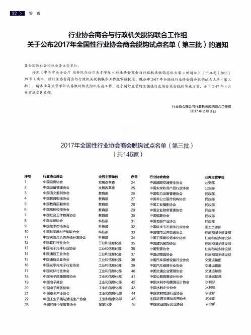 行业协会商会与行政机关脱钩联合工作组关于公布2017年全国性行业