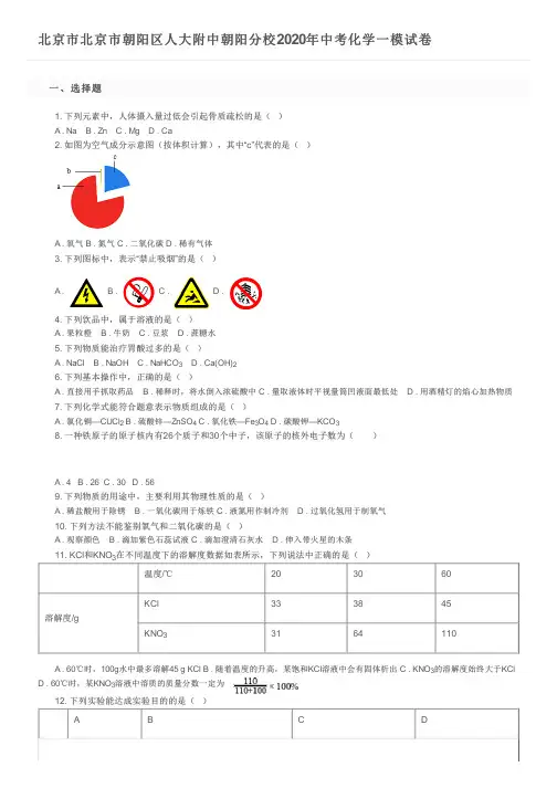 北京市北京市朝阳区人大附中朝阳分校2020年中考化学一模试卷及参考答案