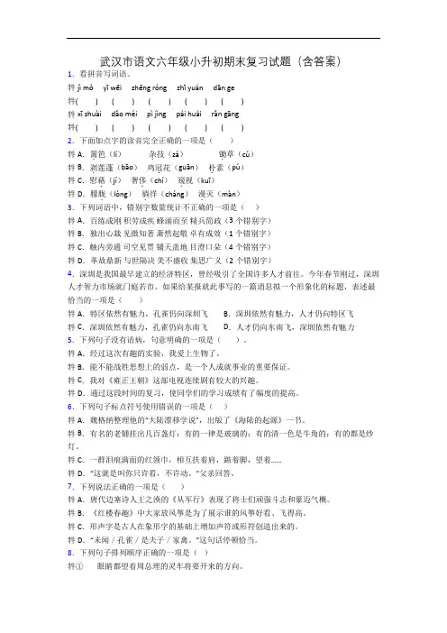 武汉市语文六年级小升初期末复习试题(含答案)