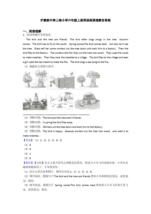 沪教版牛津上海小学六年级上册英语阅读理解含答案