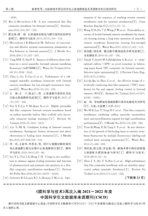 《膜科学与技术》再次入编2021-2022年度中国科学引文数据库来源期刊(CSCD)