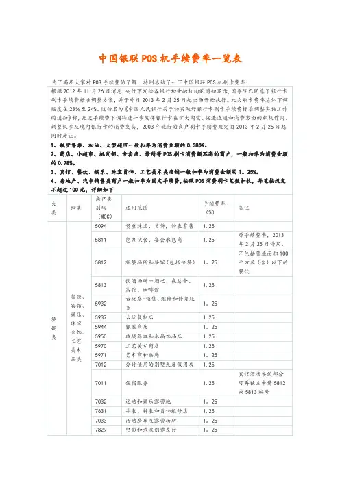 各行业POS机刷卡费率统计表