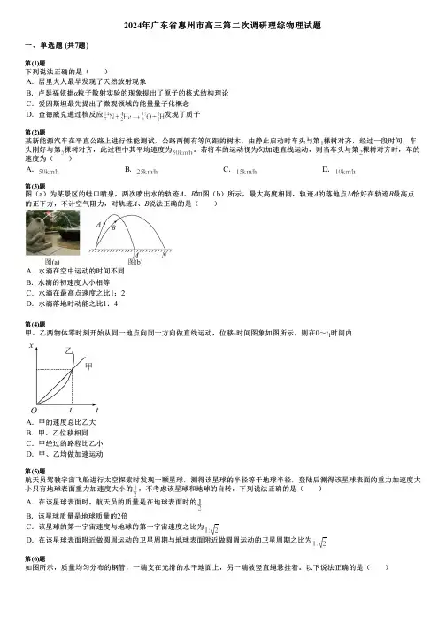 2024年广东省惠州市高三第二次调研理综物理试题