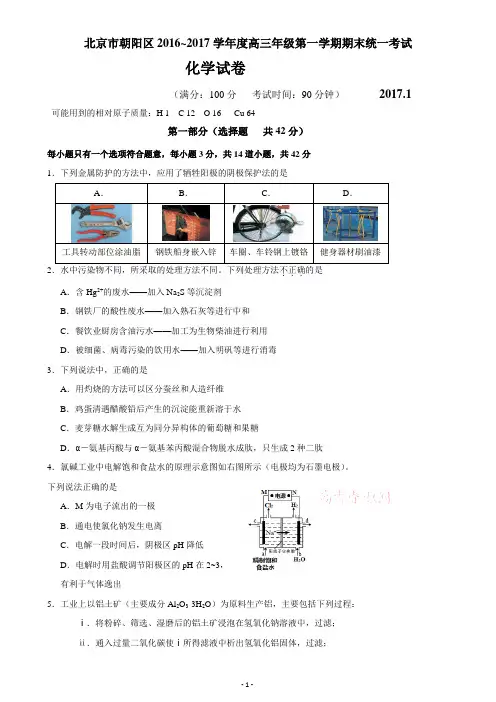 2017北京朝阳高三第一学期期末化学试题及答案解析