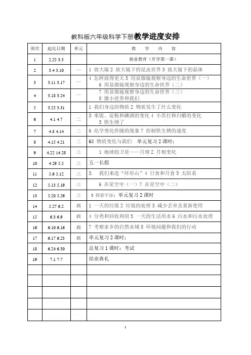教科版小学科学六年级下册科学全册教案 (表格式)